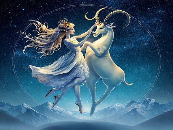 "Create a high definition image of a celestial dance between Libra and Capricorn, depicted as graceful figures intertwined in a cosmic ballet. Libra, represented by a whimsical, airy character adorned with flowing robes and symbols of beauty, embodies harmony and charm, while Capricorn appears as a grounded, earthy figure with sturdy features and a regal presence, symbolizing structure and determination. The background should feature a starry night sky, blending elements of air and earth, with scales and mountains intertwined, illustrating their contrasting yet complementary natures. The ambiance should evoke a sense of balance, with light and shadow dancing together in perfect unison."