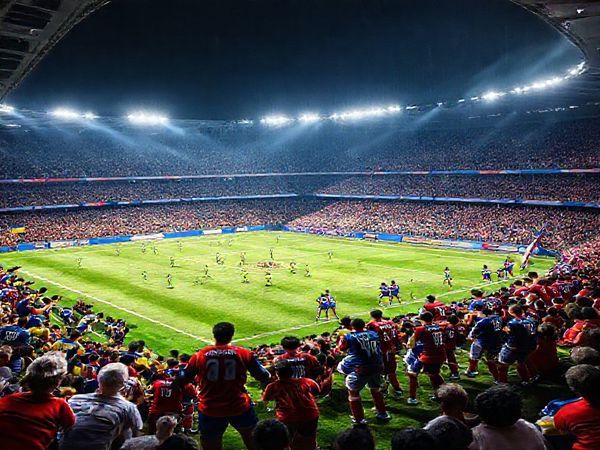 "High-definition image of a dramatic football match scene depicting the fierce rivalry between Ukraine and Iceland during a World Cup Qualifier. Capture the intensity of the game with Ukrainian players showcasing their dynamic plays and Icelandic defenders organized in a disciplined formation. Include fans in vibrant blue and yellow for Ukraine, and in striking red and blue for Iceland, passionately supporting their teams. The backdrop should feature a packed stadium under floodlights, highlighting the stakes of national pride and tactical genius in this pivotal clash."