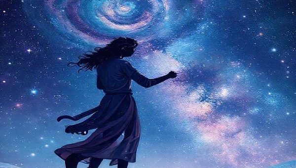 Create a high-definition image of two Aquarians dancing under a starry mid-winter sky, surrounded by ethereal cosmic elements like swirling galaxies and shimmering constellations. Capture the vibrant hues of their love, blending vivid blues and purples with sparkling light, as they exchange thoughts in the air like flowing melodies. Illustrate their innovative spirits with elements of freedom and intellect, symbolizing their adventurous bond and mutual understanding amidst a backdrop of celestial beauty.