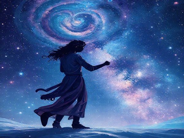 Create a high-definition image of two Aquarians dancing under a starry mid-winter sky, surrounded by ethereal cosmic elements like swirling galaxies and shimmering constellations. Capture the vibrant hues of their love, blending vivid blues and purples with sparkling light, as they exchange thoughts in the air like flowing melodies. Illustrate their innovative spirits with elements of freedom and intellect, symbolizing their adventurous bond and mutual understanding amidst a backdrop of celestial beauty.