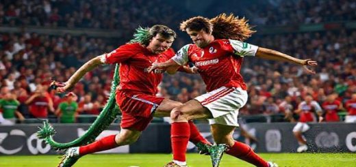 "An intense football match scene depicting a fierce clash between the legendary Welsh Dragon and the resilient North Macedonian Lion on a vibrant green pitch. The atmosphere is electric, with passionate fans cheering in the background, showcasing national pride. Capture dynamic action as players engage in a tactical battle, with Gareth Bale soaring past his opponent, while Eljif Elmas orchestrates a counterattack. Bright stadium lights illuminate the fierce colors of both teams' jerseys, creating a high-stakes, dramatic moment in high definition."