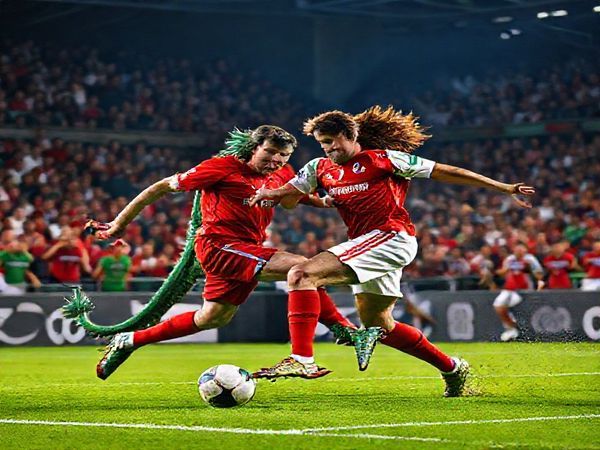 "An intense football match scene depicting a fierce clash between the legendary Welsh Dragon and the resilient North Macedonian Lion on a vibrant green pitch. The atmosphere is electric, with passionate fans cheering in the background, showcasing national pride. Capture dynamic action as players engage in a tactical battle, with Gareth Bale soaring past his opponent, while Eljif Elmas orchestrates a counterattack. Bright stadium lights illuminate the fierce colors of both teams' jerseys, creating a high-stakes, dramatic moment in high definition."