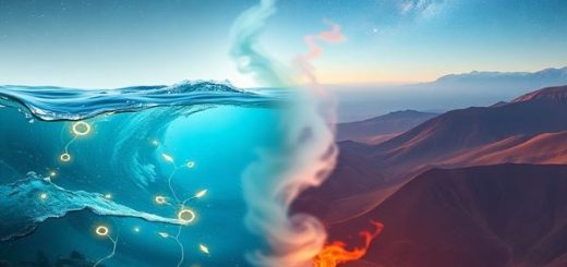 Create a high-definition image of a mystical scene where the water sign Pisces and the fire sign Aries meet at the horizon. The left side of the image should depict Pisces as a serene underwater realm filled with flowing waves, glowing sea creatures, and ethereal light, embodying compassion and imagination. On the right, visualize Aries as a vibrant landscape of fiery mountains and bold, dynamic colors, exuding energy and adventure. A steam-like mist swirls in the middle, symbolizing the transformative interaction between water and fire, while stars twinkle above, highlighting the cosmic dance of these two zodiac signs.