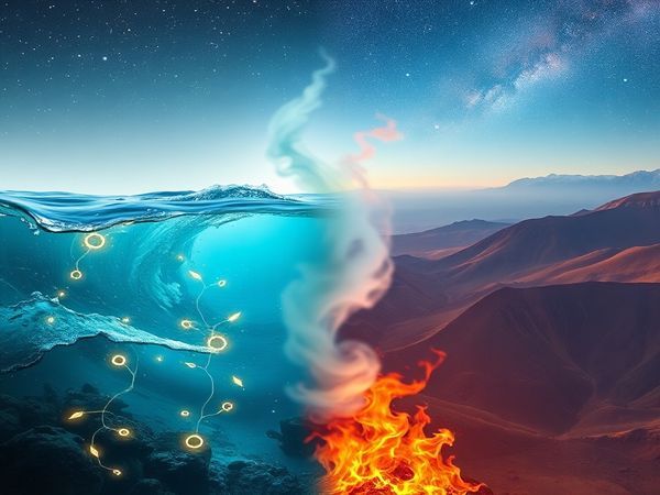 Create a high-definition image of a mystical scene where the water sign Pisces and the fire sign Aries meet at the horizon. The left side of the image should depict Pisces as a serene underwater realm filled with flowing waves, glowing sea creatures, and ethereal light, embodying compassion and imagination. On the right, visualize Aries as a vibrant landscape of fiery mountains and bold, dynamic colors, exuding energy and adventure. A steam-like mist swirls in the middle, symbolizing the transformative interaction between water and fire, while stars twinkle above, highlighting the cosmic dance of these two zodiac signs.