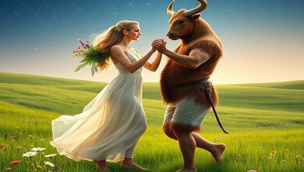 "Create a high-definition image of Virgo and Taurus depicted as elegant figures dancing in a serene, pastoral landscape. Virgo, adorned in soft, flowing garments symbolizing meticulous refinement, holds a bouquet of wildflowers, while Taurus, robust and grounded, is enveloped in earthy tones, surrounded by lush greenery. Their movements embody celestial harmony, with gentle light illuminating their shared bond, as they stand amidst blooming fields under a starry sky, symbolizing their deep emotional connection and unwavering support."