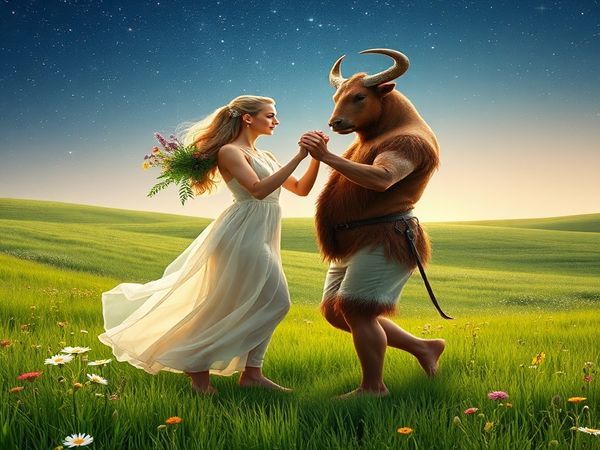 "Create a high-definition image of Virgo and Taurus depicted as elegant figures dancing in a serene, pastoral landscape. Virgo, adorned in soft, flowing garments symbolizing meticulous refinement, holds a bouquet of wildflowers, while Taurus, robust and grounded, is enveloped in earthy tones, surrounded by lush greenery. Their movements embody celestial harmony, with gentle light illuminating their shared bond, as they stand amidst blooming fields under a starry sky, symbolizing their deep emotional connection and unwavering support."