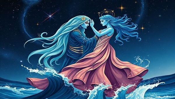 Create a high-definition image of a cosmic dance featuring two celestial figures embodying Scorpio and Aquarius. The Scorpion, cloaked in deep ocean hues, exudes an air of mystery with intense, soulful eyes and flowing water-like elements. The Aquarian avatar, adorned in cool sky colors, is a vision of creativity and innovation, surrounded by shooting stars and abstract symbols of freedom. They are intertwined in a mesmerizing tango under a starry night sky, where ocean waves meet starry cosmos, symbolizing their unique energies blending in harmony.