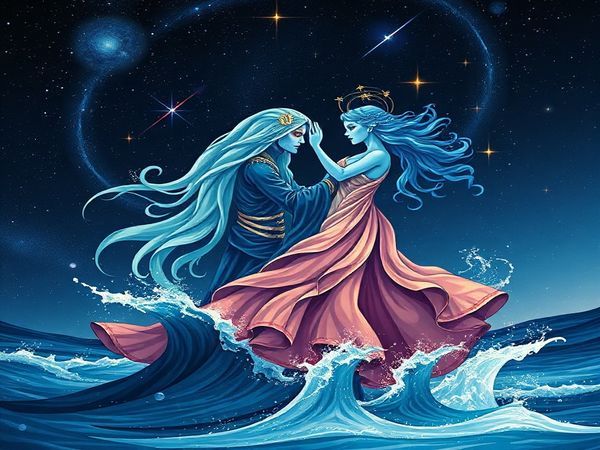 Create a high-definition image of a cosmic dance featuring two celestial figures embodying Scorpio and Aquarius. The Scorpion, cloaked in deep ocean hues, exudes an air of mystery with intense, soulful eyes and flowing water-like elements. The Aquarian avatar, adorned in cool sky colors, is a vision of creativity and innovation, surrounded by shooting stars and abstract symbols of freedom. They are intertwined in a mesmerizing tango under a starry night sky, where ocean waves meet starry cosmos, symbolizing their unique energies blending in harmony.