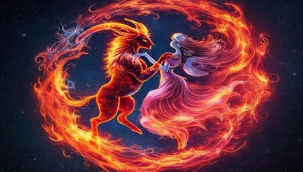 Create a high-definition image of a celestial scene depicting the passionate flames of Aries and the airy dreams of Aquarius intertwining in a vibrant dance among the stars. Visualize Aries as a bold, fiery warrior figure with incandescent energy trails, and Aquarius as an ethereal figure surrounded by swirling, whimsical winds and stars. They should appear connected, their energies merging in a spectacular cosmic display of colors—reds, oranges, blues, and purples—illustrating their dynamic relationship. The background should be a deep, starry sky with constellations sparkling, reflecting their unique bond.