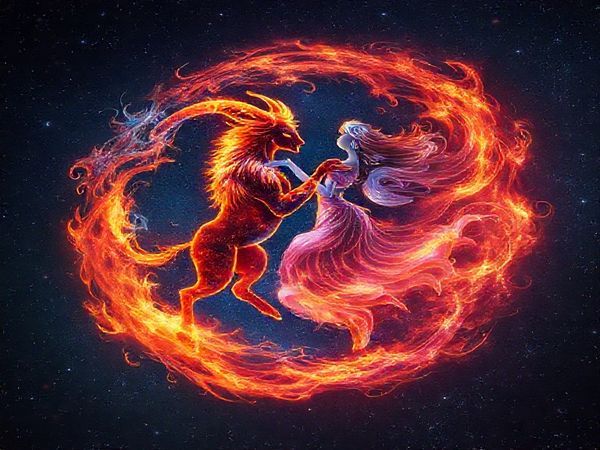 Create a high-definition image of a celestial scene depicting the passionate flames of Aries and the airy dreams of Aquarius intertwining in a vibrant dance among the stars. Visualize Aries as a bold, fiery warrior figure with incandescent energy trails, and Aquarius as an ethereal figure surrounded by swirling, whimsical winds and stars. They should appear connected, their energies merging in a spectacular cosmic display of colors—reds, oranges, blues, and purples—illustrating their dynamic relationship. The background should be a deep, starry sky with constellations sparkling, reflecting their unique bond.
