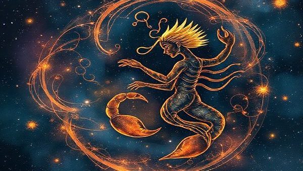 Create an image of a cosmic dance between the constellations of Scorpio and Virgo, merging their symbolic elements: Scorpio with its deep water hues and mysterious, intense presence, and Virgo with earthy tones and delicate, grounded forms. Illustrate the swirling starlight and celestial patterns as they intertwine, showcasing their unique harmony and the emotional resonance between them. The scene should be rich with intricate details, embodying the transformative energy of their union, all portrayed in high definition.