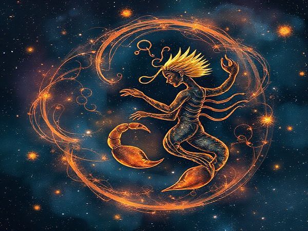 Create an image of a cosmic dance between the constellations of Scorpio and Virgo, merging their symbolic elements: Scorpio with its deep water hues and mysterious, intense presence, and Virgo with earthy tones and delicate, grounded forms. Illustrate the swirling starlight and celestial patterns as they intertwine, showcasing their unique harmony and the emotional resonance between them. The scene should be rich with intricate details, embodying the transformative energy of their union, all portrayed in high definition.