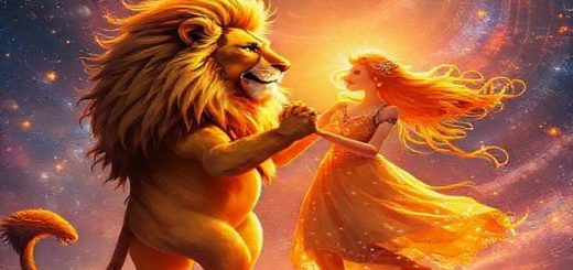 A vibrant cosmic dance between a regal lion and whimsical twins in a starry sky, where fiery rays of the sun intertwine with playful breezes. Leo, glowing in golden hues, radiates confidence and warmth, while Gemini flits about, adorned with shimmering stars and sparkling intellect. The scene captures their enchanting chemistry, filled with laughter and light, against a backdrop of swirling galaxies and cosmic colors, blending the elements of fire and air. High definition.