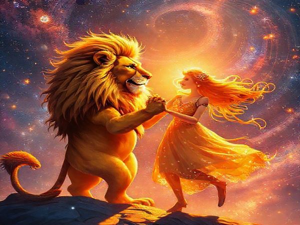 A vibrant cosmic dance between a regal lion and whimsical twins in a starry sky, where fiery rays of the sun intertwine with playful breezes. Leo, glowing in golden hues, radiates confidence and warmth, while Gemini flits about, adorned with shimmering stars and sparkling intellect. The scene captures their enchanting chemistry, filled with laughter and light, against a backdrop of swirling galaxies and cosmic colors, blending the elements of fire and air. High definition.