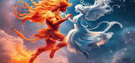 Create a high-definition image of a vibrant cosmic scene depicting the celestial dance of Aries and Gemini. Visualize Aries as a fiery warrior figure, radiating orange and red flames, fiercely charging through the sky. Contrast this with Gemini represented as an airy, playful spirit, swirling in soft blues and whites, surrounded by whimsical clouds and sparkling stars. Capture the dynamic energy of their interaction, with sparks of light and swirling winds blending to create an enchanting atmosphere of passion and curiosity. The backdrop should be a mesmerizing galaxy filled with twinkling stars and cosmic colors, symbolizing their transformative bond.