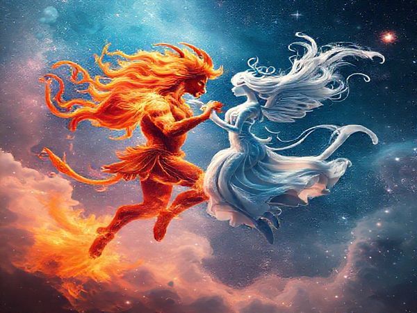 Create a high-definition image of a vibrant cosmic scene depicting the celestial dance of Aries and Gemini. Visualize Aries as a fiery warrior figure, radiating orange and red flames, fiercely charging through the sky. Contrast this with Gemini represented as an airy, playful spirit, swirling in soft blues and whites, surrounded by whimsical clouds and sparkling stars. Capture the dynamic energy of their interaction, with sparks of light and swirling winds blending to create an enchanting atmosphere of passion and curiosity. The backdrop should be a mesmerizing galaxy filled with twinkling stars and cosmic colors, symbolizing their transformative bond.