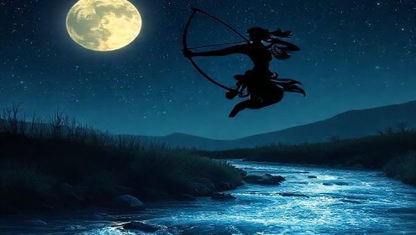 **A moonlit landscape featuring an ethereal archer representing Sagittarius, with celestial bow drawn, silhouetted against a starry night sky. Below, a gentle stream flowing with soft, shimmering water, embodying Cancer’s nurturing essence. The scene captures the harmonious interplay of fire and water, with Sagittarius's flame illuminating Cancer’s tranquil sanctuary. High definition, vivid colors and intricate details make the cosmic connection between these two zodiac signs come to life.**