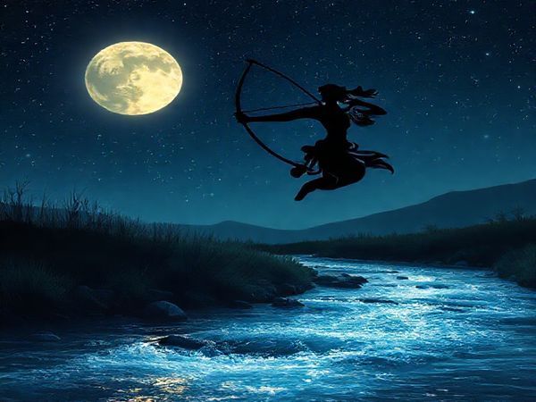 **A moonlit landscape featuring an ethereal archer representing Sagittarius, with celestial bow drawn, silhouetted against a starry night sky. Below, a gentle stream flowing with soft, shimmering water, embodying Cancer’s nurturing essence. The scene captures the harmonious interplay of fire and water, with Sagittarius's flame illuminating Cancer’s tranquil sanctuary. High definition, vivid colors and intricate details make the cosmic connection between these two zodiac signs come to life.**