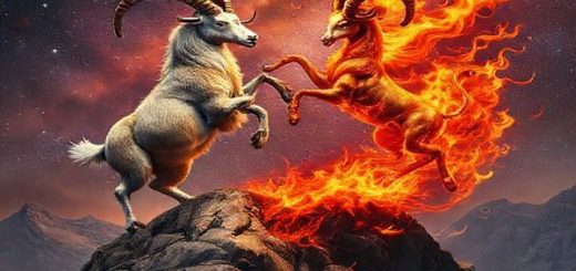 "Create a high-definition image of a cosmic scene featuring a majestic mountain goat representing Capricorn and a fierce ram symbolizing Aries, dancing together in a celestial landscape. The goat stands firmly on a rocky peak, exuding steadiness, while the ram leaps exuberantly amidst vibrant flames, illustrating the passionate dynamic of earth meeting fire. The background should be a tapestry of the night sky filled with stars and ethereal colors, blending deep browns and fiery reds, symbolizing their contrasting yet harmonious energies."
