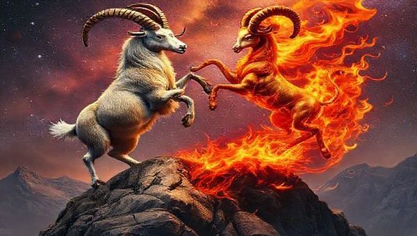 "Create a high-definition image of a cosmic scene featuring a majestic mountain goat representing Capricorn and a fierce ram symbolizing Aries, dancing together in a celestial landscape. The goat stands firmly on a rocky peak, exuding steadiness, while the ram leaps exuberantly amidst vibrant flames, illustrating the passionate dynamic of earth meeting fire. The background should be a tapestry of the night sky filled with stars and ethereal colors, blending deep browns and fiery reds, symbolizing their contrasting yet harmonious energies."