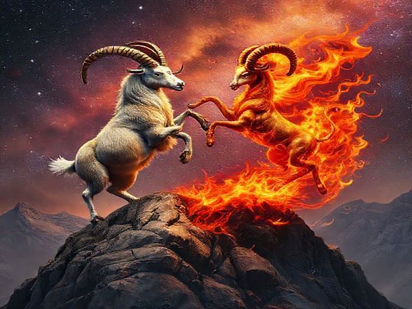 "Create a high-definition image of a cosmic scene featuring a majestic mountain goat representing Capricorn and a fierce ram symbolizing Aries, dancing together in a celestial landscape. The goat stands firmly on a rocky peak, exuding steadiness, while the ram leaps exuberantly amidst vibrant flames, illustrating the passionate dynamic of earth meeting fire. The background should be a tapestry of the night sky filled with stars and ethereal colors, blending deep browns and fiery reds, symbolizing their contrasting yet harmonious energies."