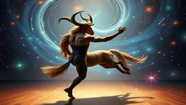 Create a high-definition image of a celestial ballroom where an elegant Taurus, depicted as a graceful, grounded figure symbolized by an ancient oak, dances with a vibrant Sagittarius, represented as a spirited, untamed horse galloping toward the stars. Surround them in a cosmic backdrop filled with swirling galaxies, twinkling stardust, and contrasting elements of earth and fire, symbolizing their unique bond. The atmosphere should be magical and enchanting, capturing the essence of their dynamic relationship.