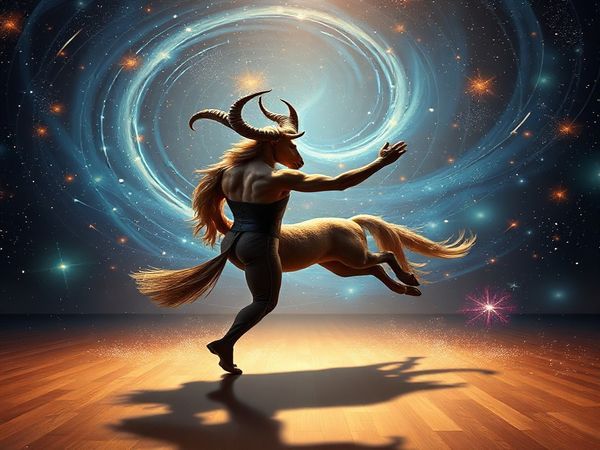Create a high-definition image of a celestial ballroom where an elegant Taurus, depicted as a graceful, grounded figure symbolized by an ancient oak, dances with a vibrant Sagittarius, represented as a spirited, untamed horse galloping toward the stars. Surround them in a cosmic backdrop filled with swirling galaxies, twinkling stardust, and contrasting elements of earth and fire, symbolizing their unique bond. The atmosphere should be magical and enchanting, capturing the essence of their dynamic relationship.