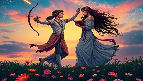 "A cosmic dance between Sagittarius and Virgo unfolds in a vibrant twilight sky, where a comet streaks across the stars, radiating fiery enthusiasm. Below, a lush garden symbolizes Virgo’s earthy presence, adorned with detailed flowers glistening in morning dew. Each sign is personified: Sagittarius is a spirited archer, eyes gleaming with curiosity, while Virgo is depicted as a serene figure, holding a book and analyzing the cosmos. Surrounding them are swirling constellations, representing their harmonious connection. High definition, richly detailed, vibrant colors."