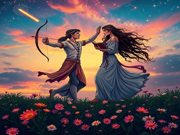 "A cosmic dance between Sagittarius and Virgo unfolds in a vibrant twilight sky, where a comet streaks across the stars, radiating fiery enthusiasm. Below, a lush garden symbolizes Virgo’s earthy presence, adorned with detailed flowers glistening in morning dew. Each sign is personified: Sagittarius is a spirited archer, eyes gleaming with curiosity, while Virgo is depicted as a serene figure, holding a book and analyzing the cosmos. Surrounding them are swirling constellations, representing their harmonious connection. High definition, richly detailed, vibrant colors."