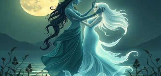 A serene moonlit scene depicting a graceful dance between Virgo and Cancer, symbolized by a meticulous earth-themed figure and a nurturing water-themed figure. The Virgo figure is adorned with celestial symbols, surrounded by lush greenery, while the Cancer figure radiates soft, glowing waves, embodying emotional depth. The background features a tranquil landscape blending earth and water, with gentle plants swaying in harmony. High definition, capturing the enchanting essence of their connection and the beauty of their complementary energies.