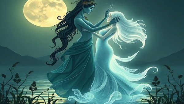 A serene moonlit scene depicting a graceful dance between Virgo and Cancer, symbolized by a meticulous earth-themed figure and a nurturing water-themed figure. The Virgo figure is adorned with celestial symbols, surrounded by lush greenery, while the Cancer figure radiates soft, glowing waves, embodying emotional depth. The background features a tranquil landscape blending earth and water, with gentle plants swaying in harmony. High definition, capturing the enchanting essence of their connection and the beauty of their complementary energies.