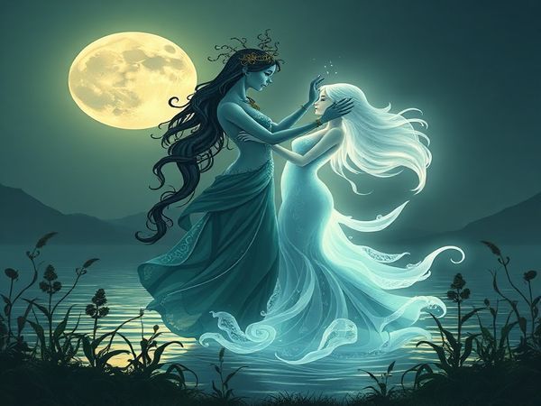 A serene moonlit scene depicting a graceful dance between Virgo and Cancer, symbolized by a meticulous earth-themed figure and a nurturing water-themed figure. The Virgo figure is adorned with celestial symbols, surrounded by lush greenery, while the Cancer figure radiates soft, glowing waves, embodying emotional depth. The background features a tranquil landscape blending earth and water, with gentle plants swaying in harmony. High definition, capturing the enchanting essence of their connection and the beauty of their complementary energies.