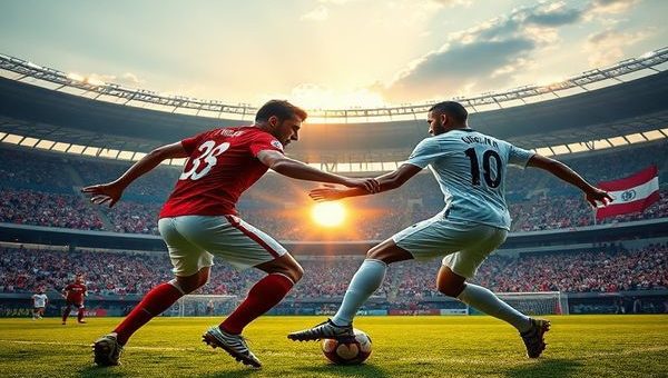 "Create a high definition image of a dramatic football match between Montenegro and Croatia. The scene captures a tense moment on the pitch, showcasing Montenegro's gritty determination as they defend fiercely against Croatia's skilled attackers. In the background, vibrant crowds cheer, displaying flags of both nations, while the players demonstrate a blend of athleticism and tactical prowess. The atmosphere is electric, with the sunset casting a golden glow over the stadium, highlighting the clash of aspirations for the World Cup."