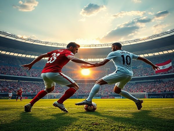 "Create a high definition image of a dramatic football match between Montenegro and Croatia. The scene captures a tense moment on the pitch, showcasing Montenegro's gritty determination as they defend fiercely against Croatia's skilled attackers. In the background, vibrant crowds cheer, displaying flags of both nations, while the players demonstrate a blend of athleticism and tactical prowess. The atmosphere is electric, with the sunset casting a golden glow over the stadium, highlighting the clash of aspirations for the World Cup."