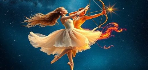 "Create a high-definition image of a cosmic ballet illustrating the enchanting dance between Libra and Sagittarius. Depict Libra as a graceful figure surrounded by delicate air currents, symbolizing charm and balance, and Sagittarius as a vibrant, fiery spirit with a bow, symbolizing adventure and passion. Include a starlit sky that blends the elements of air and fire harmoniously, with celestial motifs that highlight their connection and journey together, capturing the essence of their dynamic relationship."