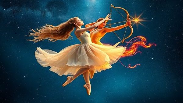 "Create a high-definition image of a cosmic ballet illustrating the enchanting dance between Libra and Sagittarius. Depict Libra as a graceful figure surrounded by delicate air currents, symbolizing charm and balance, and Sagittarius as a vibrant, fiery spirit with a bow, symbolizing adventure and passion. Include a starlit sky that blends the elements of air and fire harmoniously, with celestial motifs that highlight their connection and journey together, capturing the essence of their dynamic relationship."