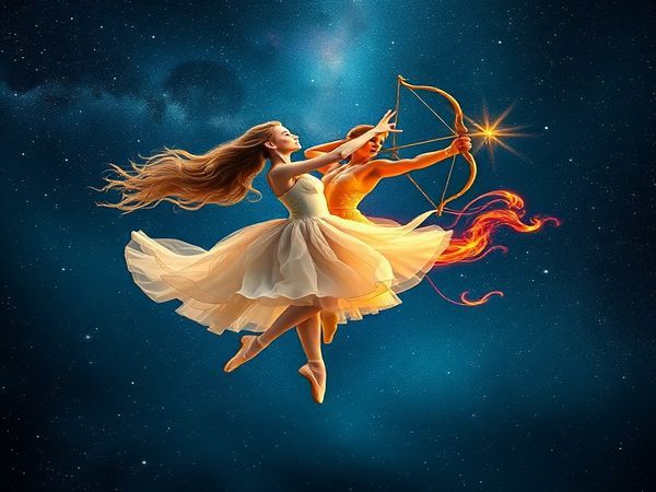 "Create a high-definition image of a cosmic ballet illustrating the enchanting dance between Libra and Sagittarius. Depict Libra as a graceful figure surrounded by delicate air currents, symbolizing charm and balance, and Sagittarius as a vibrant, fiery spirit with a bow, symbolizing adventure and passion. Include a starlit sky that blends the elements of air and fire harmoniously, with celestial motifs that highlight their connection and journey together, capturing the essence of their dynamic relationship."