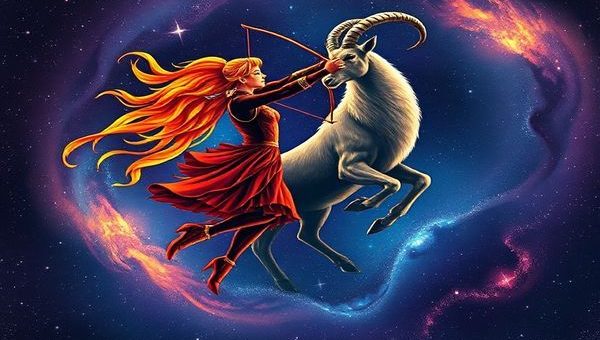 A celestial scene depicting the vibrant dance of Sagittarius and Capricorn under a starlit sky. Incorporate Sagittarius as a fiery figure, radiating enthusiasm and adventure, represented by a constellation of arrows and flames. Contrast this with the grounded presence of Capricorn, symbolized as a sturdy mountain goat, embodying strength and stability. Surround them with swirling cosmic colors to illustrate their dynamic relationship, blending earth tones with fiery hues, depicting a harmonious union of fire and earth. Frame it within a vast, sparkling universe, emphasizing the timeless tango between these two zodiac signs. Please create this image in high definition.
