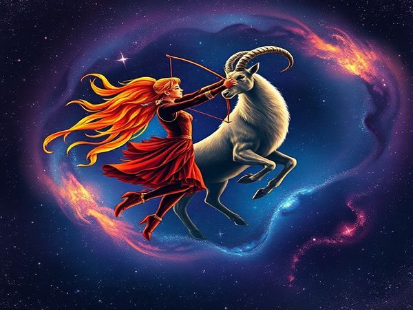 A celestial scene depicting the vibrant dance of Sagittarius and Capricorn under a starlit sky. Incorporate Sagittarius as a fiery figure, radiating enthusiasm and adventure, represented by a constellation of arrows and flames. Contrast this with the grounded presence of Capricorn, symbolized as a sturdy mountain goat, embodying strength and stability. Surround them with swirling cosmic colors to illustrate their dynamic relationship, blending earth tones with fiery hues, depicting a harmonious union of fire and earth. Frame it within a vast, sparkling universe, emphasizing the timeless tango between these two zodiac signs. Please create this image in high definition.