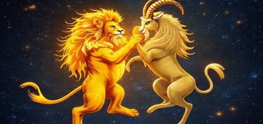 Create a high-definition image depicting the celestial dance of Leo and Capricorn under a starry night sky. Visualize a majestic lion, radiating golden light, playfully interacting with a regal sea goat, surrounded by shimmering constellations. The backdrop should feature a vibrant cosmos filled with twinkling stars, capturing the essence of their fiery and earthy elements intertwining. Emphasize the harmony and connection between these two zodiac signs, showcasing the balance between warmth and stability in this enchanting cosmic union.