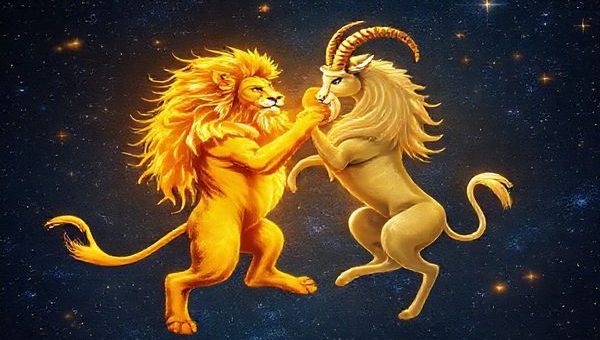 Create a high-definition image depicting the celestial dance of Leo and Capricorn under a starry night sky. Visualize a majestic lion, radiating golden light, playfully interacting with a regal sea goat, surrounded by shimmering constellations. The backdrop should feature a vibrant cosmos filled with twinkling stars, capturing the essence of their fiery and earthy elements intertwining. Emphasize the harmony and connection between these two zodiac signs, showcasing the balance between warmth and stability in this enchanting cosmic union.