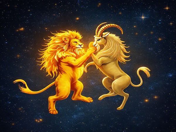 Create a high-definition image depicting the celestial dance of Leo and Capricorn under a starry night sky. Visualize a majestic lion, radiating golden light, playfully interacting with a regal sea goat, surrounded by shimmering constellations. The backdrop should feature a vibrant cosmos filled with twinkling stars, capturing the essence of their fiery and earthy elements intertwining. Emphasize the harmony and connection between these two zodiac signs, showcasing the balance between warmth and stability in this enchanting cosmic union.