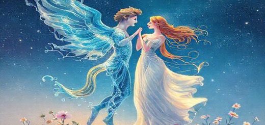 Create a high-definition artwork depicting the ethereal dance of Aquarius and Virgo under a starlit sky. Illustrate Aquarius as an airy figure, pouring vibrant, flowing water that sparkles with futuristic ideas, while Virgo stands grounded, embodying nature's grace with delicate flowers surrounding her. Their connection ignites a harmony of colors—a blend of air and earth—symbolizing the fusion of dreams and practicality. The scene should capture the mystical energy of their relationship, with elements of light and shadow that reflect their distinct yet complementary energies.