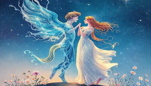 Create a high-definition artwork depicting the ethereal dance of Aquarius and Virgo under a starlit sky. Illustrate Aquarius as an airy figure, pouring vibrant, flowing water that sparkles with futuristic ideas, while Virgo stands grounded, embodying nature's grace with delicate flowers surrounding her. Their connection ignites a harmony of colors—a blend of air and earth—symbolizing the fusion of dreams and practicality. The scene should capture the mystical energy of their relationship, with elements of light and shadow that reflect their distinct yet complementary energies.