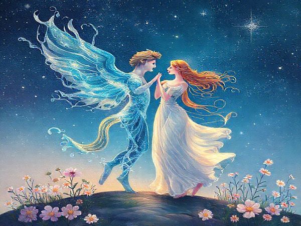 Create a high-definition artwork depicting the ethereal dance of Aquarius and Virgo under a starlit sky. Illustrate Aquarius as an airy figure, pouring vibrant, flowing water that sparkles with futuristic ideas, while Virgo stands grounded, embodying nature's grace with delicate flowers surrounding her. Their connection ignites a harmony of colors—a blend of air and earth—symbolizing the fusion of dreams and practicality. The scene should capture the mystical energy of their relationship, with elements of light and shadow that reflect their distinct yet complementary energies.