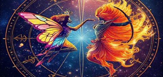 Create a high-definition image depicting a celestial dance between Gemini and Sagittarius, illustrated as radiant figures symbolizing their zodiac traits. Gemini, portrayed as a vibrant butterfly filled with colorful thoughts, flutters among a galaxy of stars, while Sagittarius, depicted as an adventurous archer, aims their bow towards distant horizons. The background is a cosmic wheel adorned with shimmering constellations, representing their connection in the universe, blending air and fire elements in a harmonious explosion of light and energy.