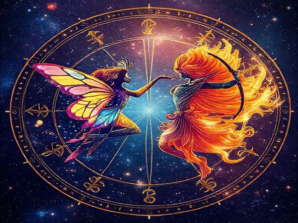 Create a high-definition image depicting a celestial dance between Gemini and Sagittarius, illustrated as radiant figures symbolizing their zodiac traits. Gemini, portrayed as a vibrant butterfly filled with colorful thoughts, flutters among a galaxy of stars, while Sagittarius, depicted as an adventurous archer, aims their bow towards distant horizons. The background is a cosmic wheel adorned with shimmering constellations, representing their connection in the universe, blending air and fire elements in a harmonious explosion of light and energy.