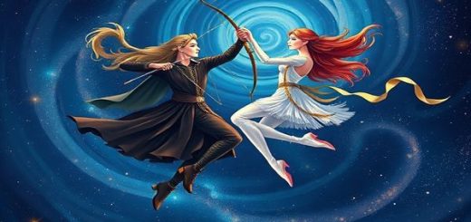 Create a high-definition image depicting the cosmic dance between Sagittarius and Gemini, illustrated as vibrant celestial dancers against a starry night sky. Sagittarius is portrayed as a fiery archer, radiating energy and adventure, while Gemini appears as enchanting twins, embodying wit and charm. The background should be a rich tapestry of swirling galaxies and twinkling stars, reflecting their deep connection and the beauty of their unique bond. The scene exudes a sense of wonder, movement, and harmony.