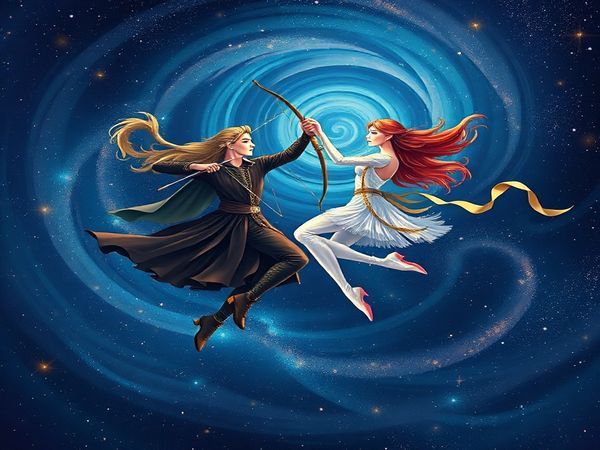 Create a high-definition image depicting the cosmic dance between Sagittarius and Gemini, illustrated as vibrant celestial dancers against a starry night sky. Sagittarius is portrayed as a fiery archer, radiating energy and adventure, while Gemini appears as enchanting twins, embodying wit and charm. The background should be a rich tapestry of swirling galaxies and twinkling stars, reflecting their deep connection and the beauty of their unique bond. The scene exudes a sense of wonder, movement, and harmony.