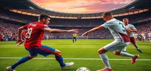 A dramatic football scene depicting Serbia and Latvia clashing on the pitch during a World Cup qualifier. Showcase Serbian players in vibrant red and blue uniforms, demonstrating skill and determination, contrasted by Latvian players in their traditional white and maroon, embodying resilience and tactical discipline. Capture the intensity of the match with a packed stadium, colorful fans waving flags, and the referee's whistle echoing, all set against a twilight sky. Create this image in high definition.